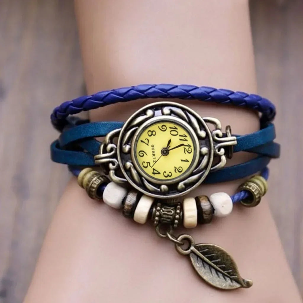 MOONBIFFY - Montre Bracelet Femme Vintage Cuir - Petit Cadran - Breloque Décorative - Style Bohème