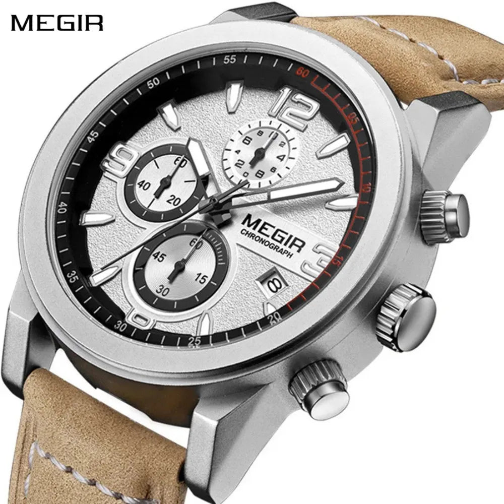 Montre Homme MEGIR 2026 Sport - Chronographe Bracelet Cuir Lumineux