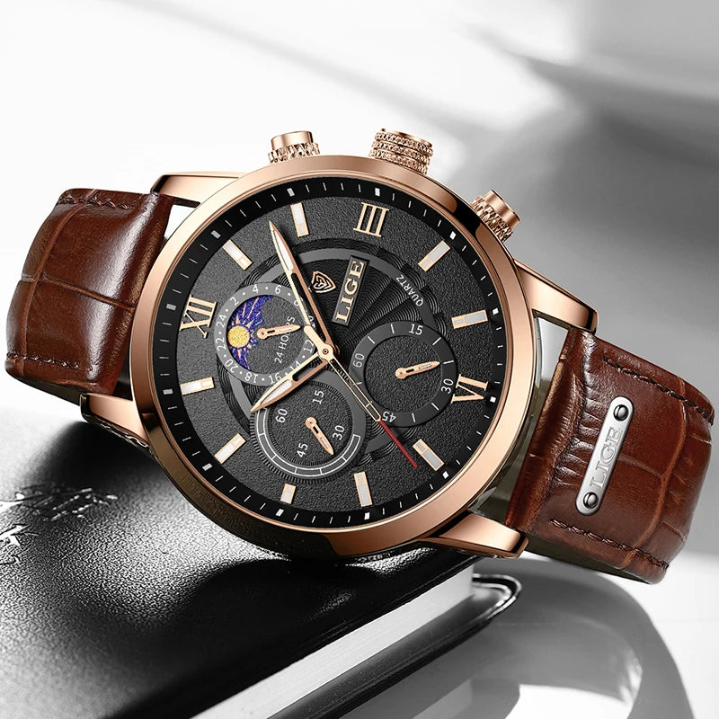 LIGE - Montre Homme Chronographe - Cuir Marron - Phase de Lune - Étanche 3 ATM