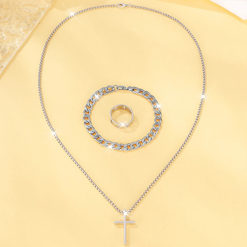 Ensemble Bijoux Homme 3 Pièces Alliage - Collier Pendentif Croix, Bracelet & Bague