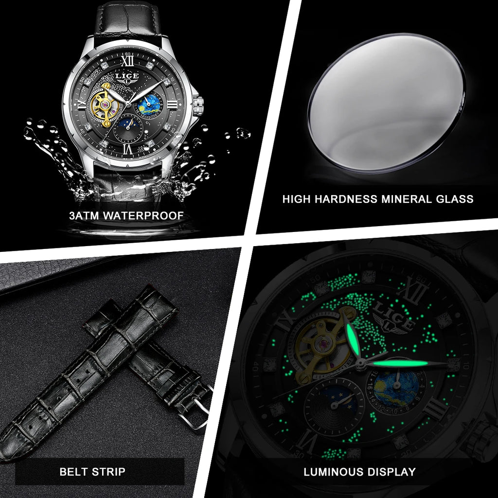 Montre Automatique Homme LIGE 2026 - Mécanique Phase de Lune Bracelet Cuir