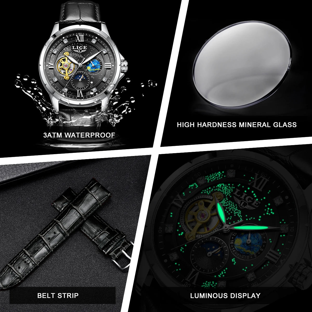 Montre Automatique Homme LIGE 2026 - Mécanique Phase de Lune Bracelet Cuir