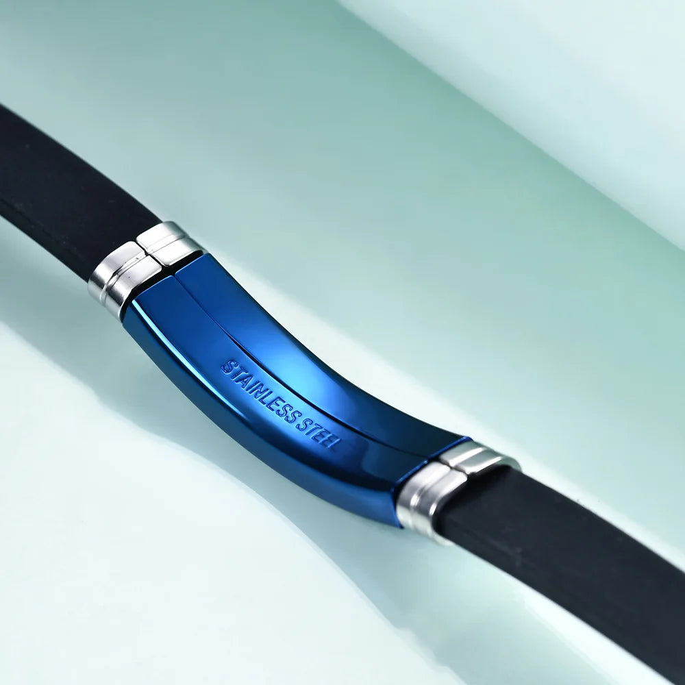 Bracelet Homme Silicone Noir Acier Inoxydable - ID Classique 22cm