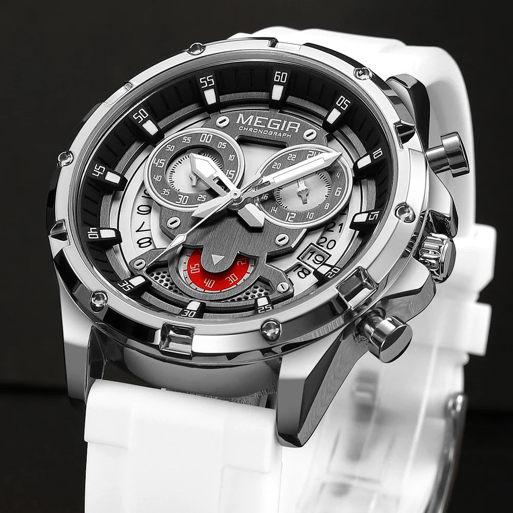MEGIR - Montre Homme Quartz Étanche Luxe Lumineux Date Chronographe Silicone Hommes Montre-bracelet Militaire Sports