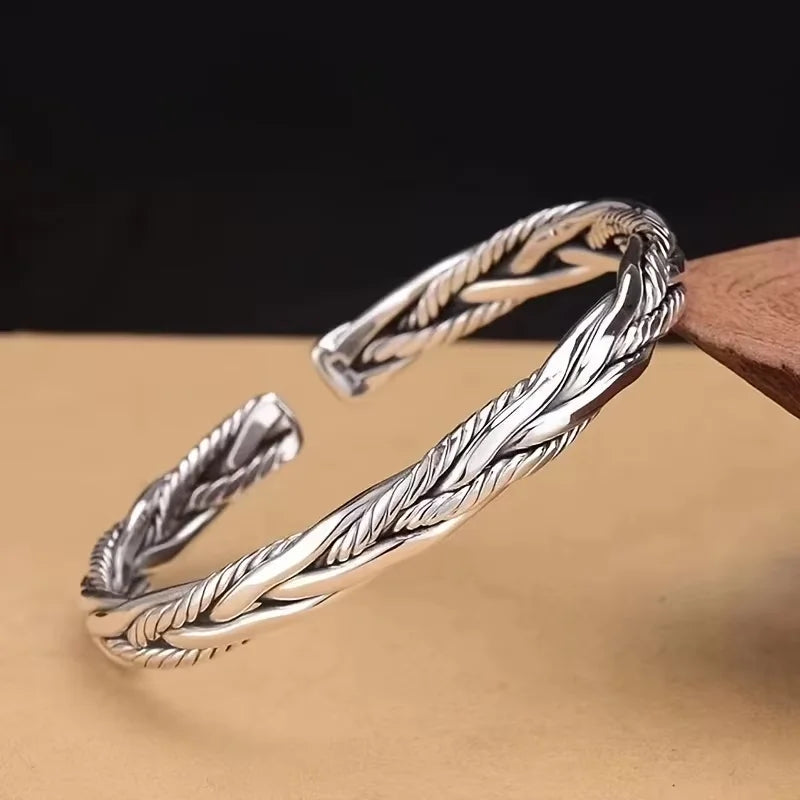Bracelet Manchette Antique Argenté Torsadé Ajustable Unisexe