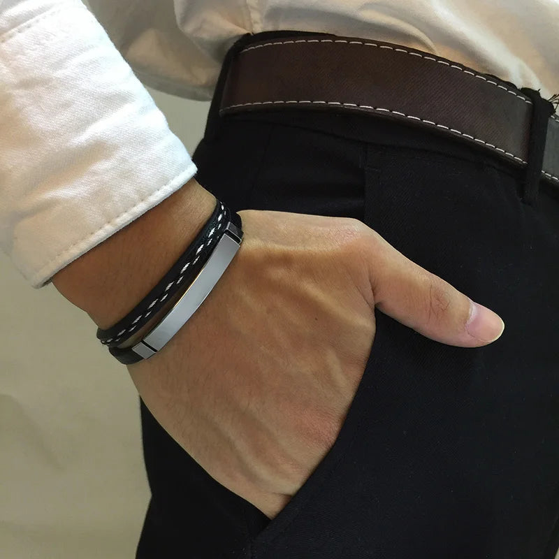 Bracelet Cuir Véritable Lignes Cousues VNOX Homme - Barre Acier Inoxydable