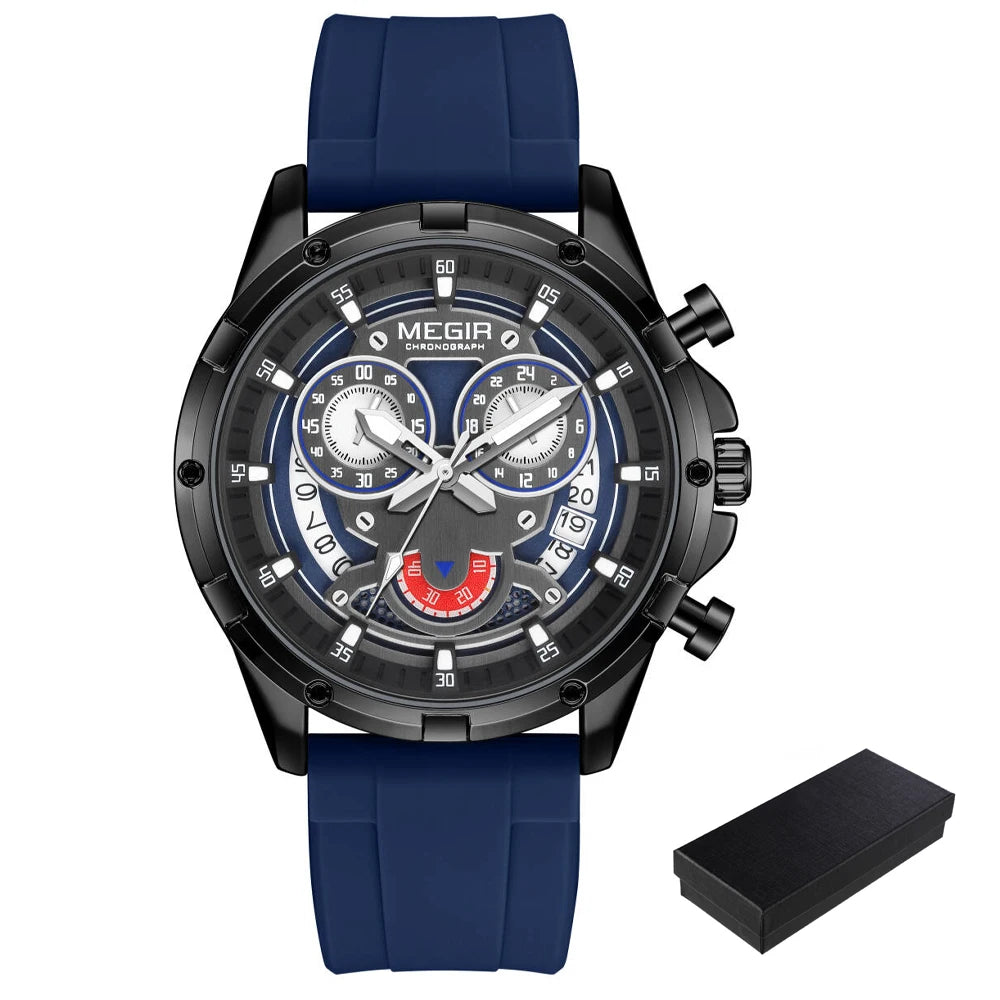 MEGIR - Montre Homme Quartz Étanche Luxe Lumineux Date Chronographe Silicone Hommes Montre-bracelet Militaire Sports