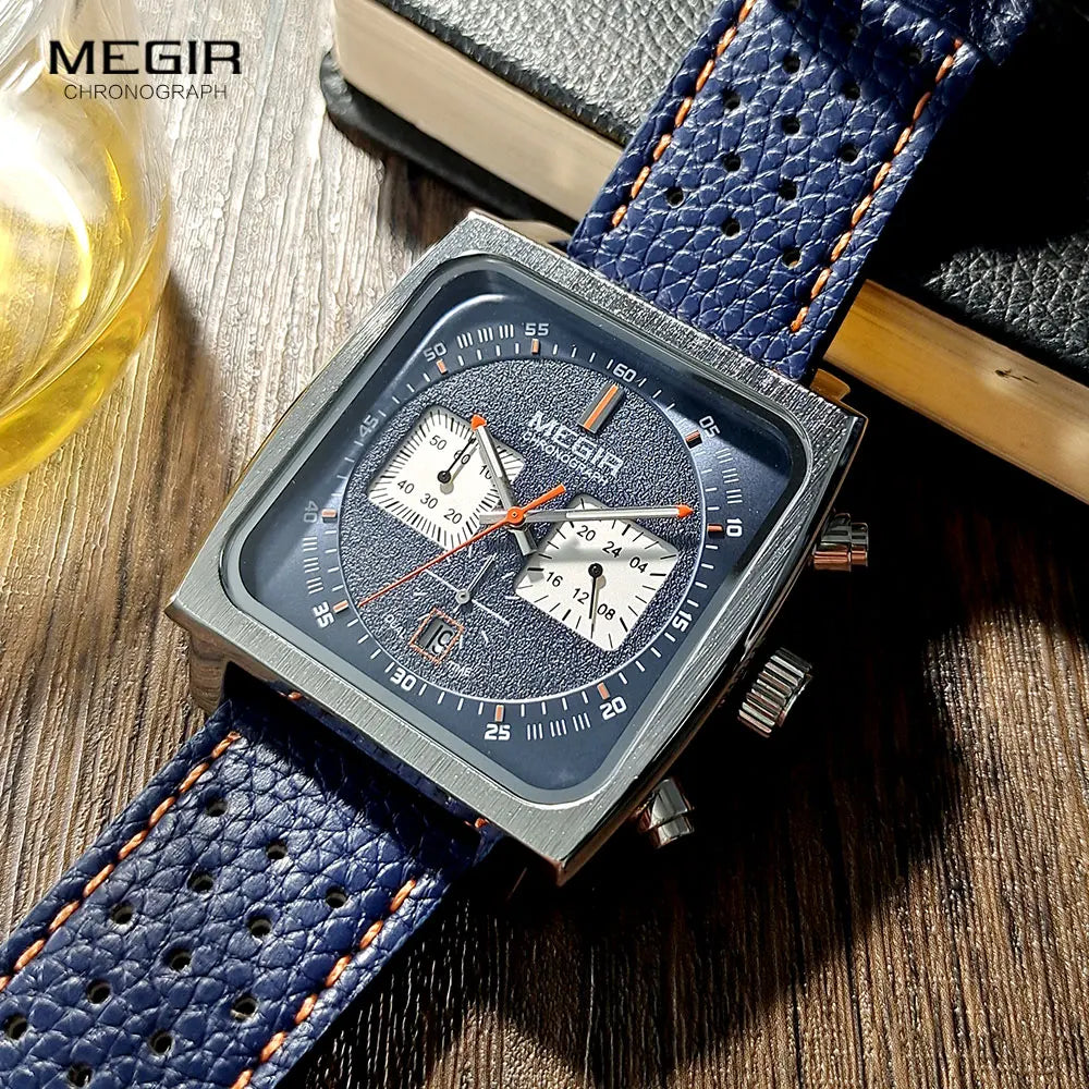 MEGIR - Montre Homme Cadran Carré Bleu - Bracelet Cuir - Chronographe 24H - Étanche 3 ATM