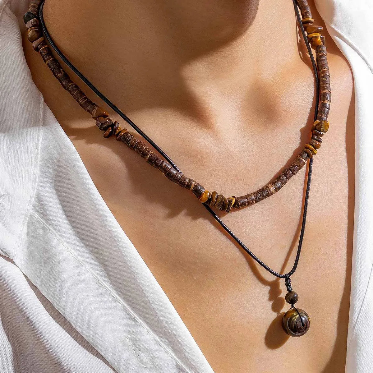 Collier Homme - Ensemble 2 Colliers Bohème Pierre Naturelle Perles Bois - Bijou Homme Vintage
