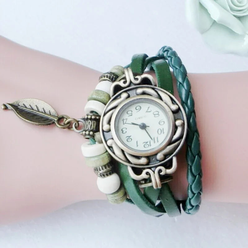 MOONBIFFY - Montre Bracelet Femme Vintage Cuir - Petit Cadran - Breloque Décorative - Style Bohème