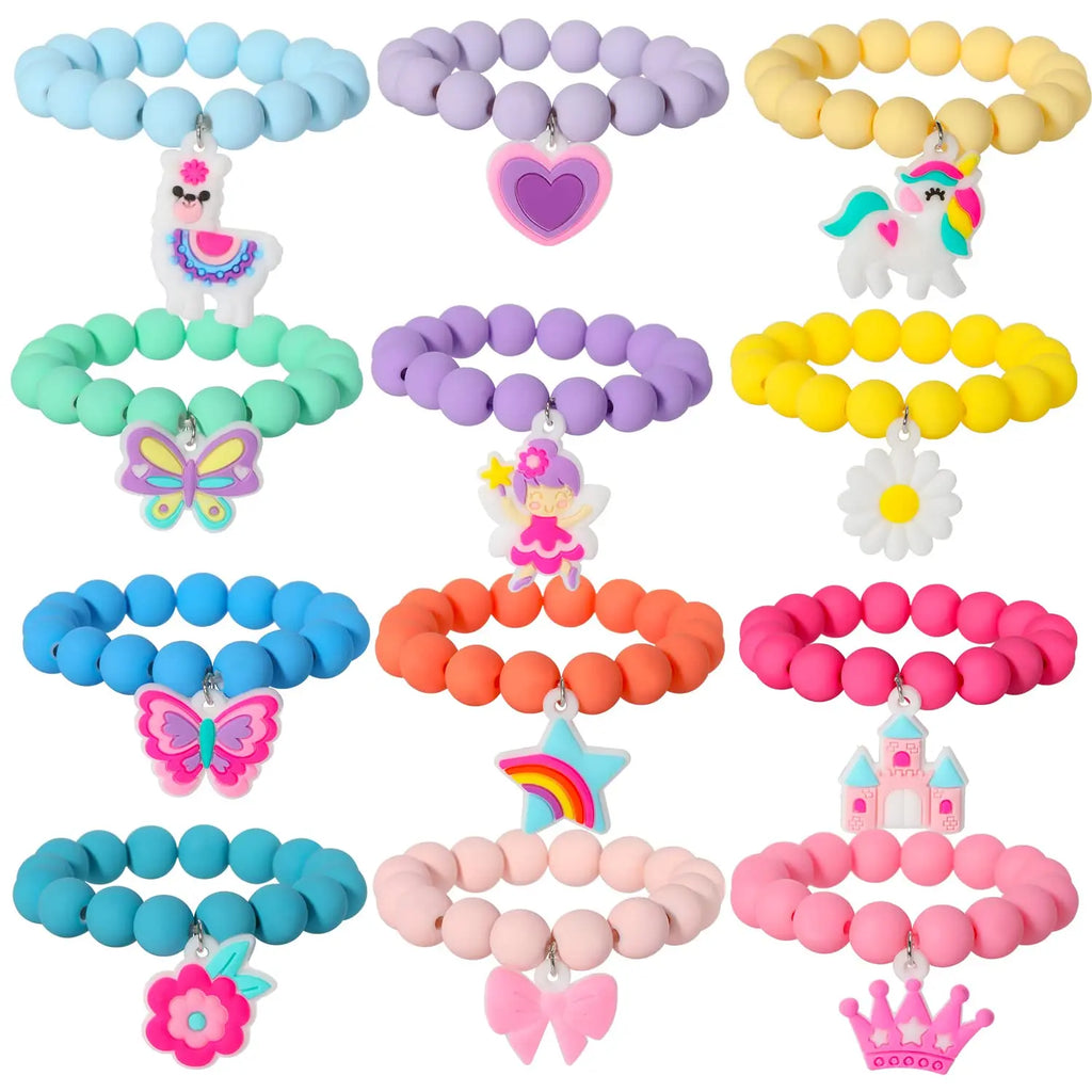 Ensemble 12 Bracelets Élastiques Perles Fille - Couronne Papillon Licorne