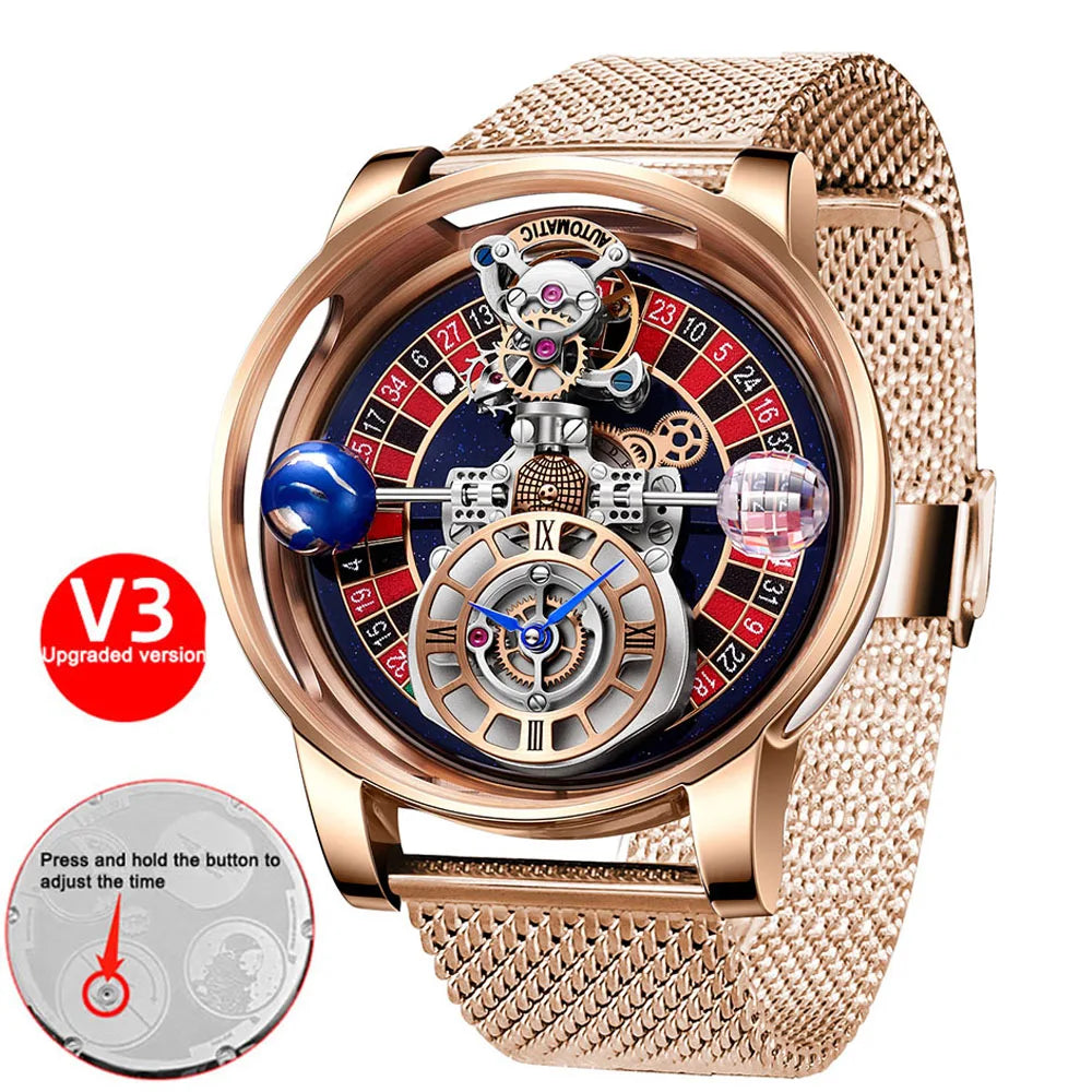 PINDU - Montre Homme Roulette Las Vegas - Design Astronomique Transparent - Quartz