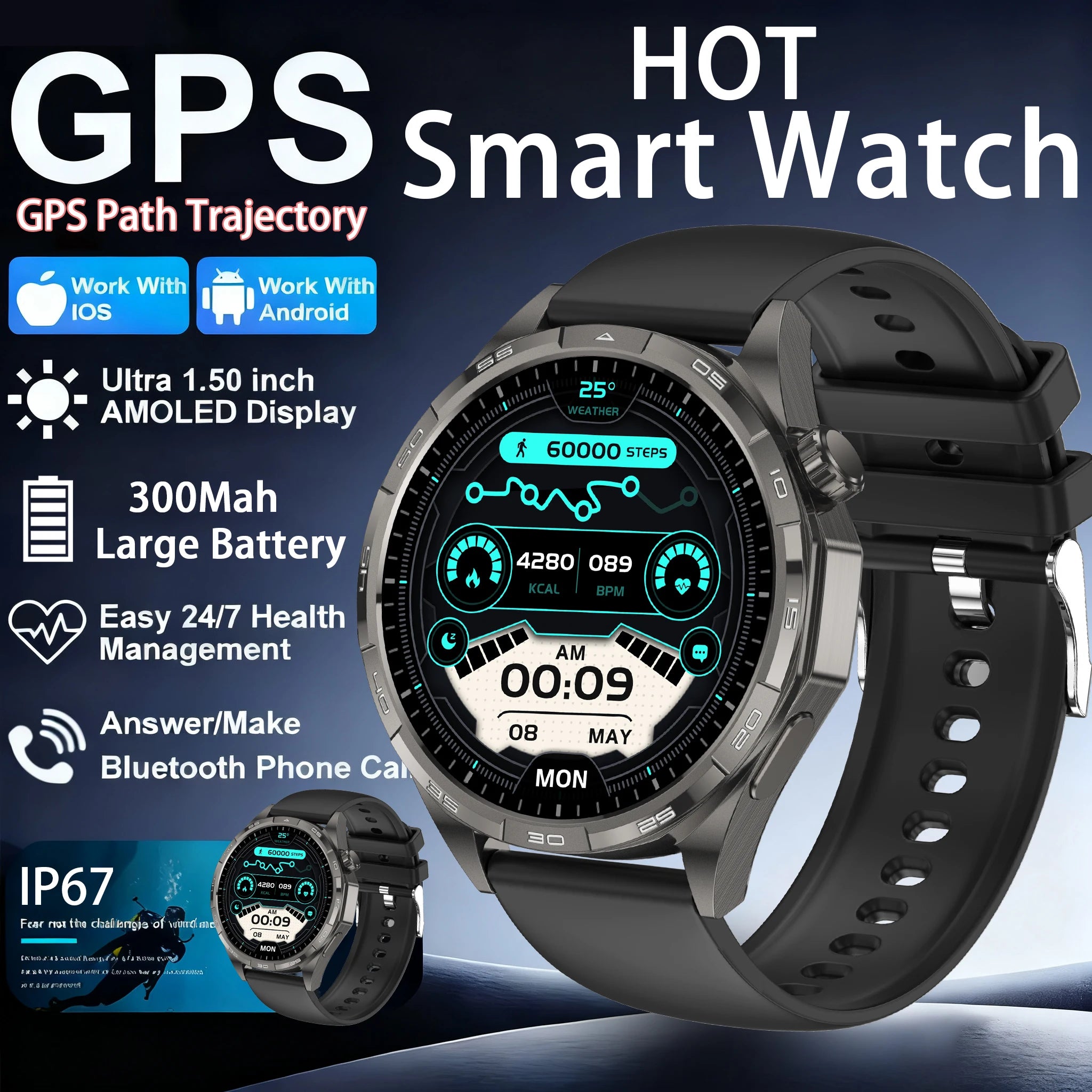 Montre Connectée Sport 2026 AMOLED NFC - Always Display, Appels Bluetooth, GPS, IP67, 30 Jours Autonomie