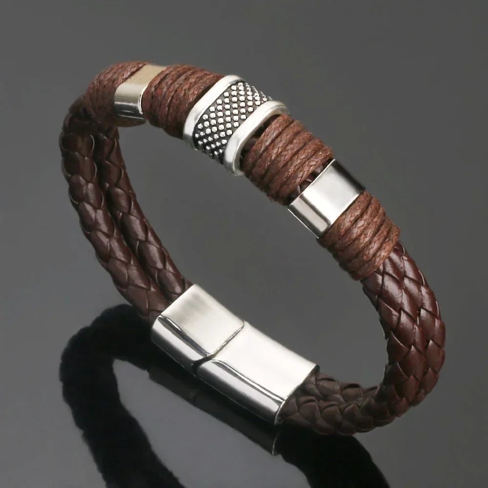 Bracelet Cuir Tressé Perles Homme Femme - Hip-Hop Punk Acier Inoxydable Unisexe Charme