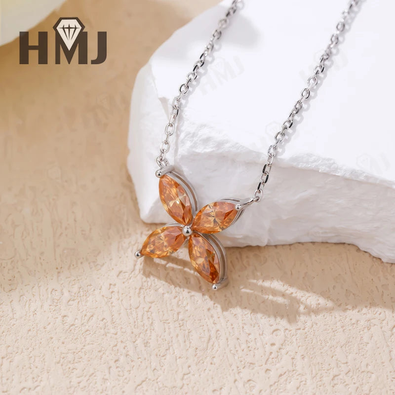 Collier Pendentif, Boucles d'Oreilles Puces, Trèfle à Quatre Feuilles, Moissanite Marquise, Argent Sterling 925