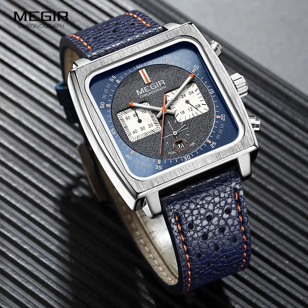 MEGIR - Montre Homme Cadran Carré Bleu - Bracelet Cuir - Chronographe 24H - Étanche 3 ATM