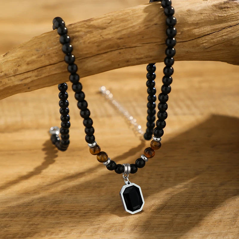 Collier Perles Noires Pendentif Carré - Bijou Homme Tendance