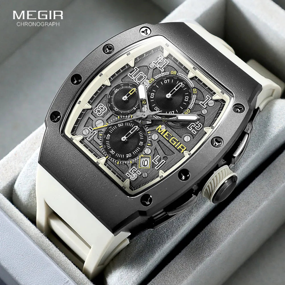 MEGIR - Montre Homme MEGIR Sport Chronographe Carrée - Cadran Bleu - Bracelet Acier - 24H - Étanche 3 ATM