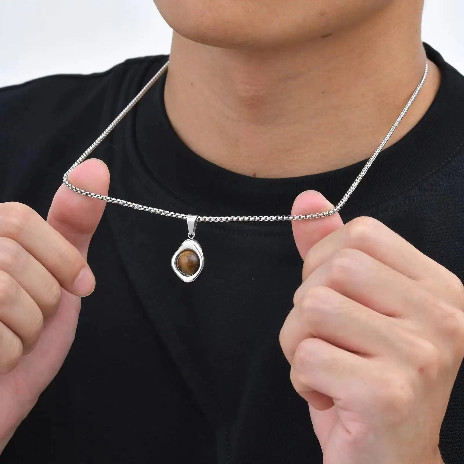 Collier Pendentif Pierre d'Œil de Tigre Homme - Acier Inoxydable Étanche Vintage