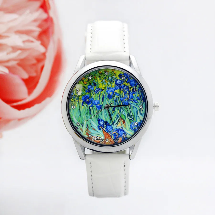 SHSBY - Montre Femme - Bracelet Cuir - Motif Fleur Élégant - Cadeau Idéal