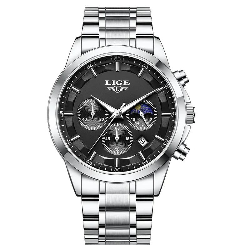 Montre Homme LIGE 2026 Luxe - Quartz Phase de Lune Calendrier Lumineux