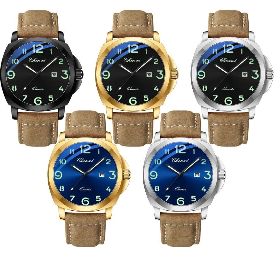 Montre Homme Luxe CHENXI 2026 - Cuir Véritable, Date Lumineuse, Calendrier, Sport Quartz Étanche 3 ATM