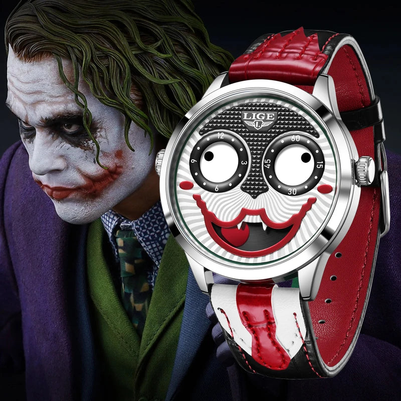 LIGE - Montre Homme 2025 Clown Mode Quartz Bracelet En Cuir Étanche Cool Joker
