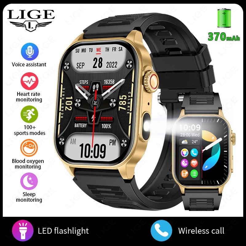 LIGE - Montre Intelligente LIGE 2.01" Militaire Sport - Lampe LED - Appels Bluetooth 5.2 - Étanche - Android iOS