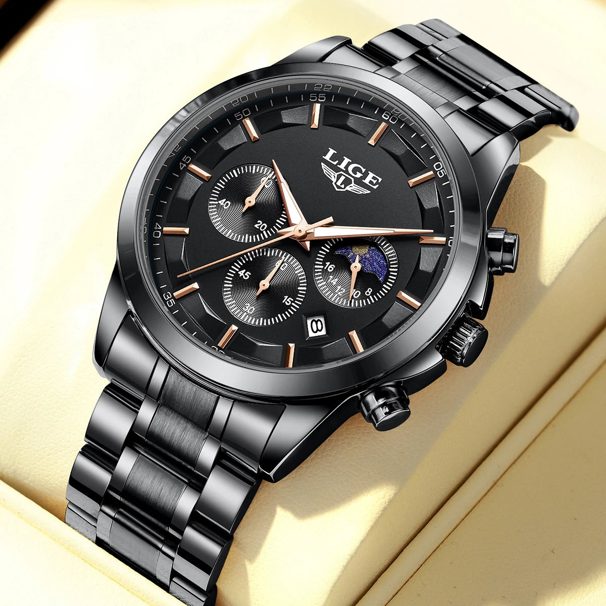 Montre Homme LIGE 2026 Luxe - Quartz Phase de Lune Calendrier Lumineux