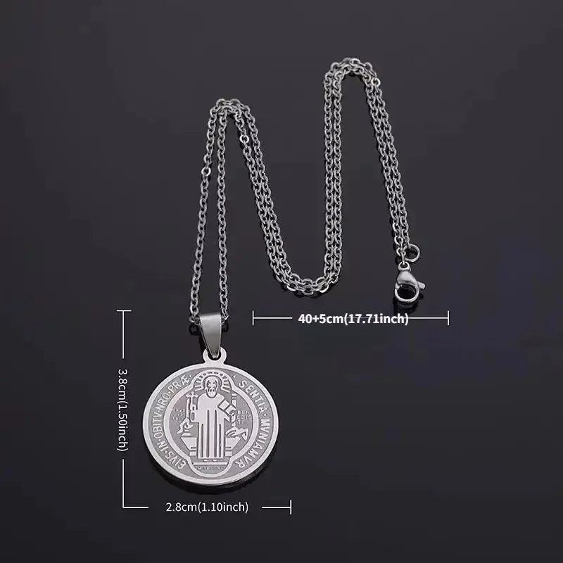 Collier Pendentif Médaille Ronde de Saint Benoît - Acier Inoxydable Vintage Punk Unisexe