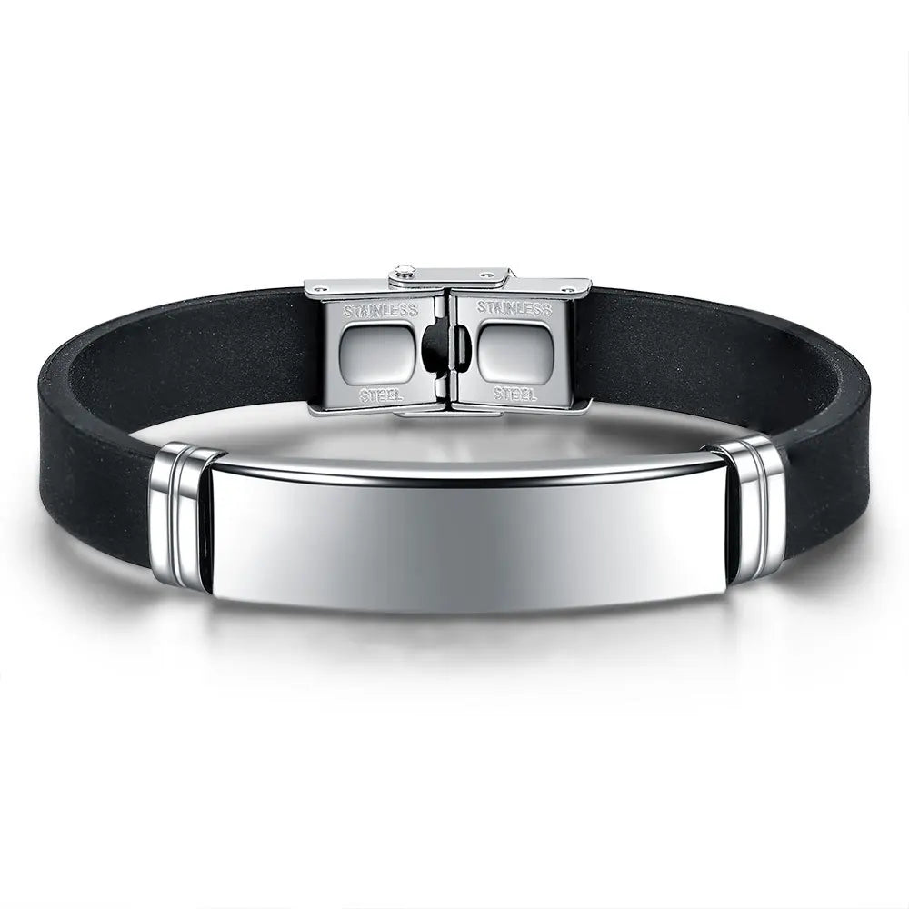 Bracelet Homme Silicone Noir Acier Inoxydable - ID Classique 22cm