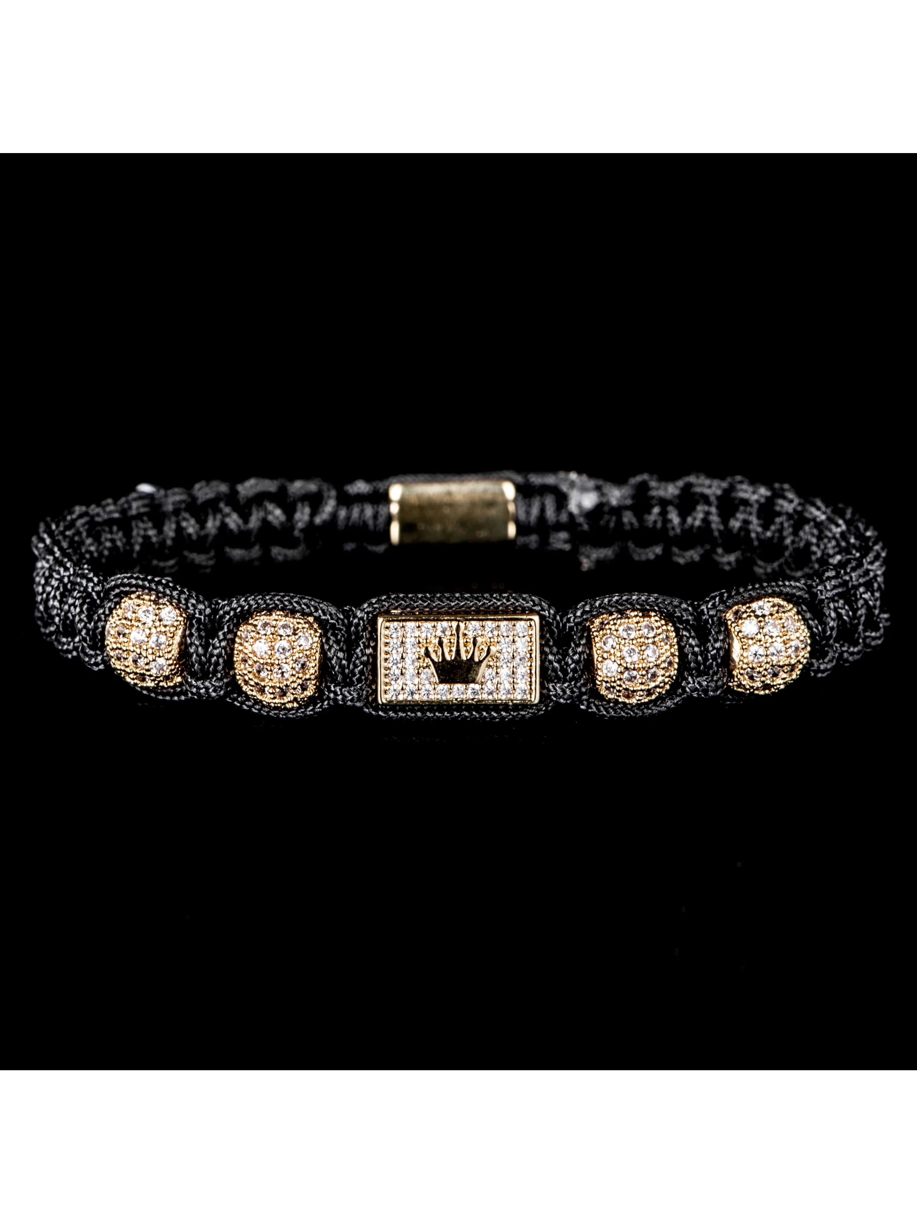 Bracelet Tressé Noir Ajustable Homme Design Couronne Zircones - Hip-Hop