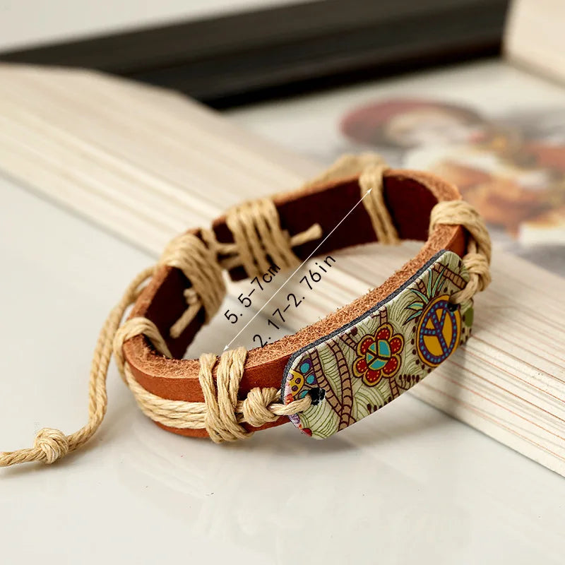 Bracelet Hippie Rétro Cuir Ajustable Motif Floral Femme - Fait Main