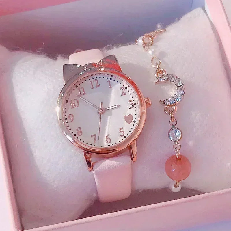 MOONBIFFY - Montre Enfant Fille + Bracelet Perles - Ensemble Cadeau - Bracelet Cuir Rose