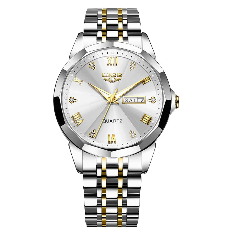 LIGE - Montre Femme Quartz Luxe - Bracelet Acier Bicolore Or/Argent - Cadran Bleu - Étanche 3 ATM