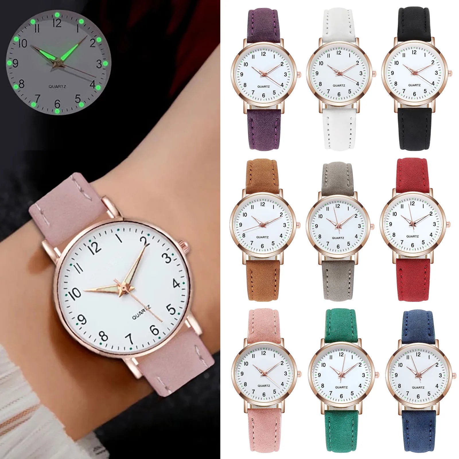 MOONBIFFY - Montre Femme Mode Cuir - Chiffres Arabes - Lumineux - Étanche 3 ATM - Casual Élégant