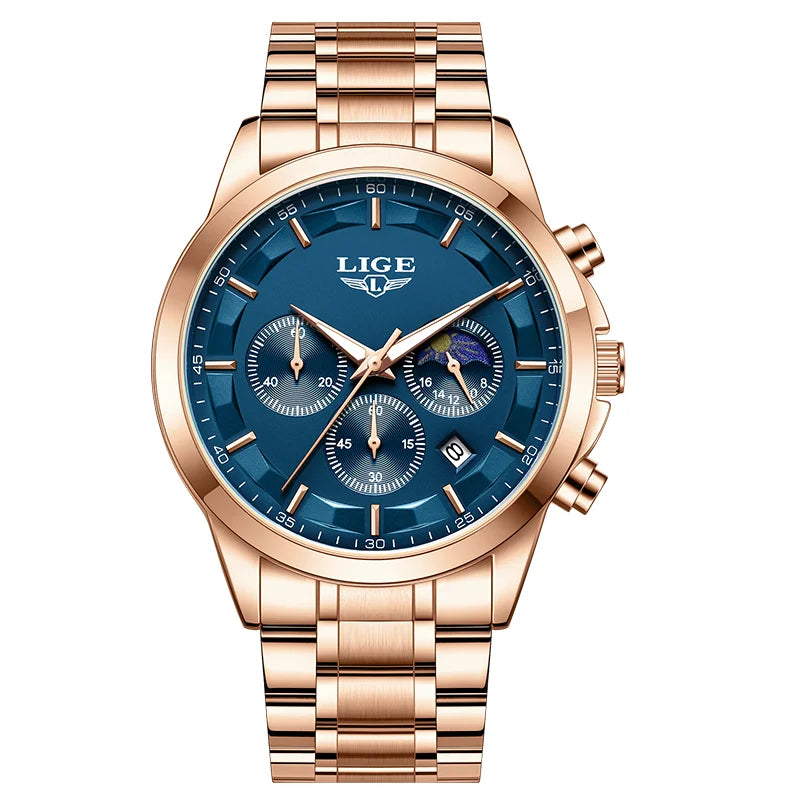 Montre Homme LIGE 2026 Luxe - Quartz Phase de Lune Calendrier Lumineux
