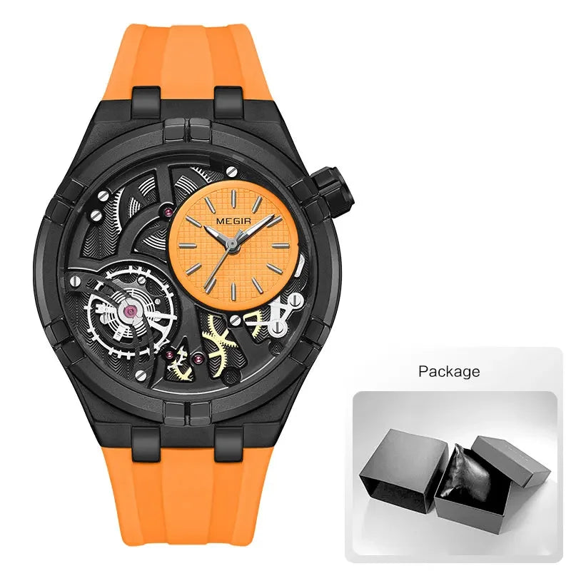 MEGIR - Montre Homme Sport Orange Double Cadran - Bracelet Silicone - Chronographe - Étanche 3 ATM