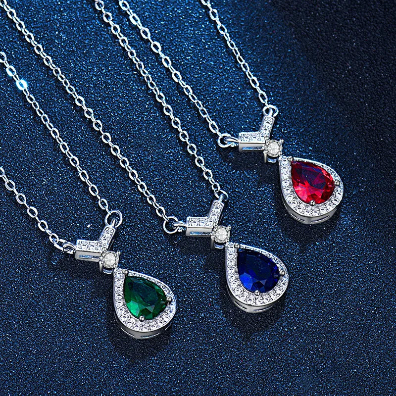 Collier Plaqué Platine 925 Pendentif Goutte d'Eau Colorée - Argent Sterling Élégant Fête