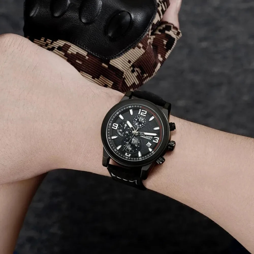 Montre Homme MEGIR 2026 Sport - Chronographe Bracelet Cuir Lumineux