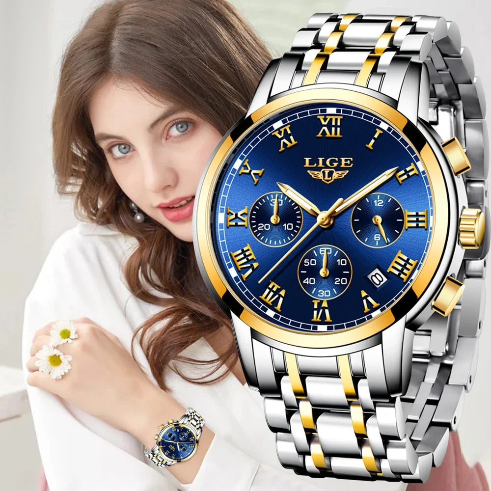 LIGE - Montre Femme Luxe Chronographe Bicolore Or/Argent - Cadran Bleu - Étanche 3 ATM