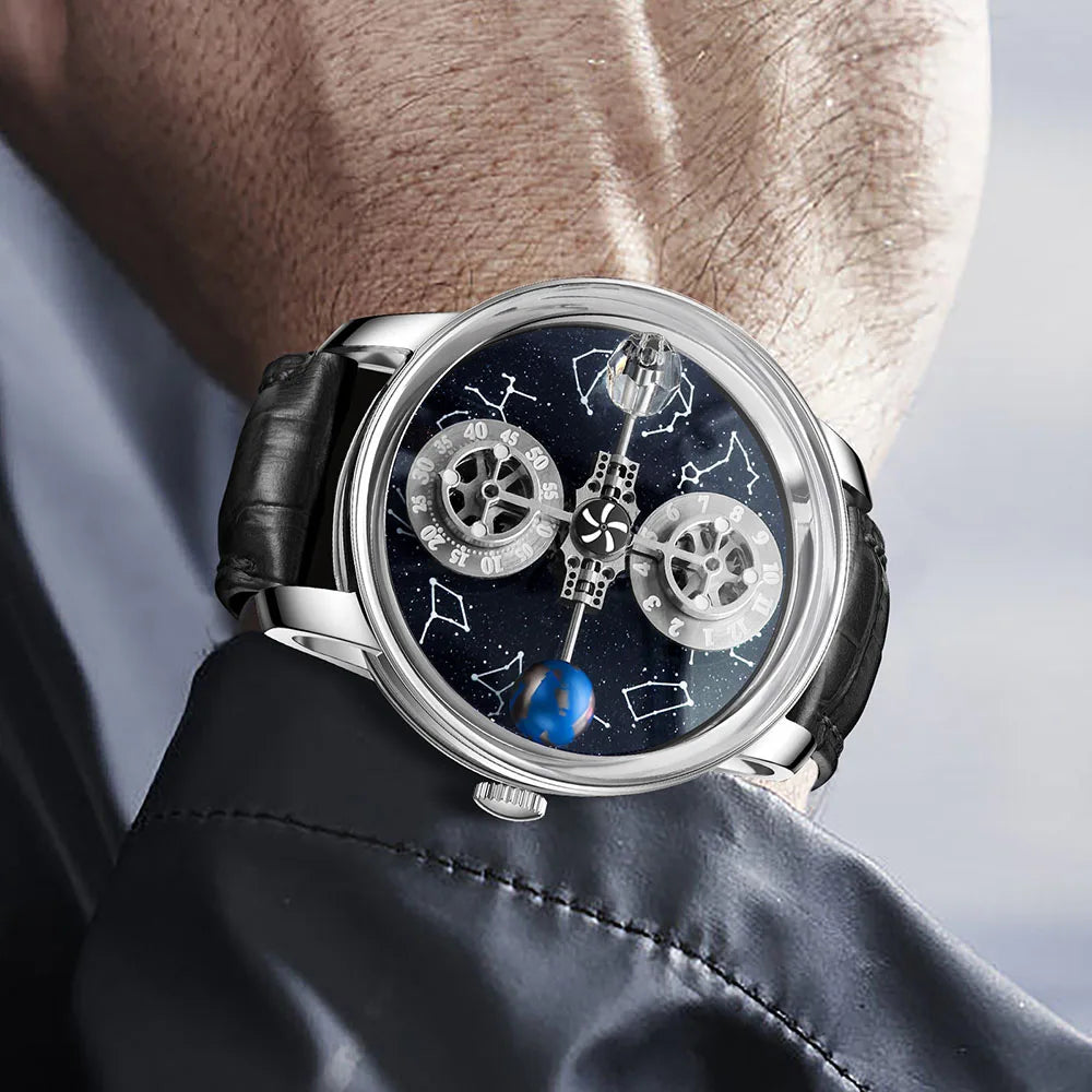 PINDU - Montre Homme Mécanique Automatique Squelette - 12 Constellations - Verre Saphir - Bracelet Maille Acier