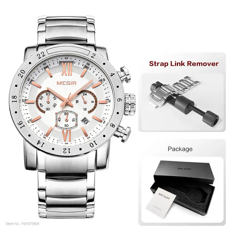 MEGIR - Montre Homme MEGIR 3008 Chronographe Business - Acier Inoxydable - Cadran Blanc - Étanche 3 ATM