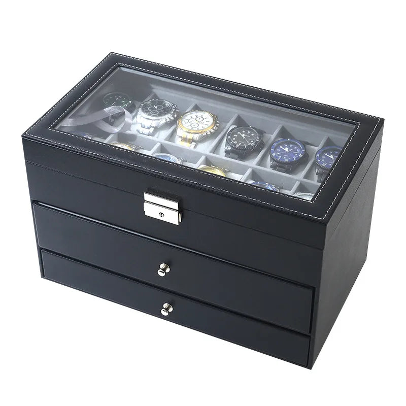 Boîte à Montres 12 Fentes - Coffret Rangement Luxe Cuir PU avec Tiroir Bijoux