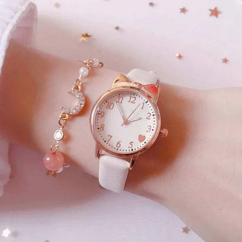 MOONBIFFY - Montre Enfant Fille + Bracelet Perles - Ensemble Cadeau - Bracelet Cuir Rose