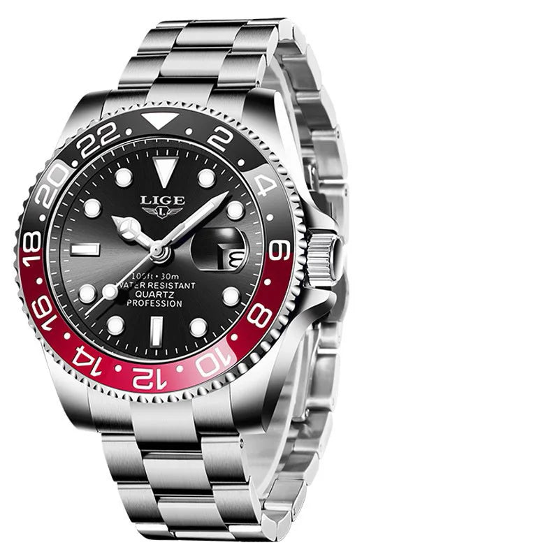 LIGE - Montre Homme 2025 Lumineuse - Acier Bicolore Or/Argent - Lunette Bleue Rouge - Étanche 3 ATM