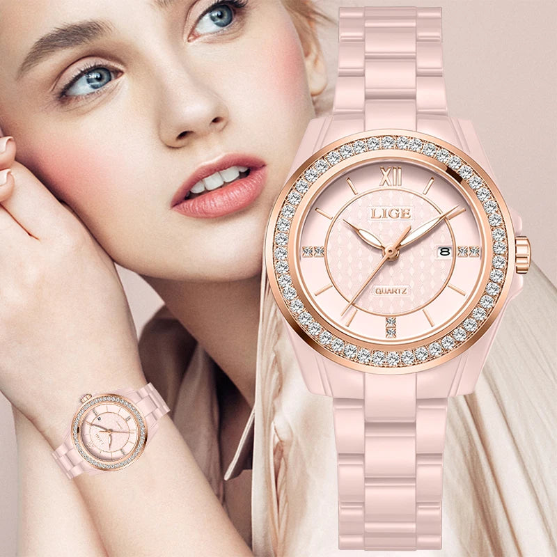 Montre Femme LIGE 2026 Rose – Quartz Céramique Élégante, Calendrier & Étanche 3 ATM