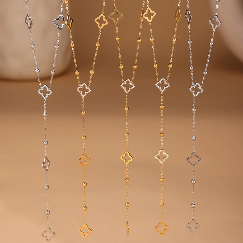 Collier Chaîne Longue Trèfle Porte-Bonheur Zircon Acier Inoxydable - Bijou Femme Élégant