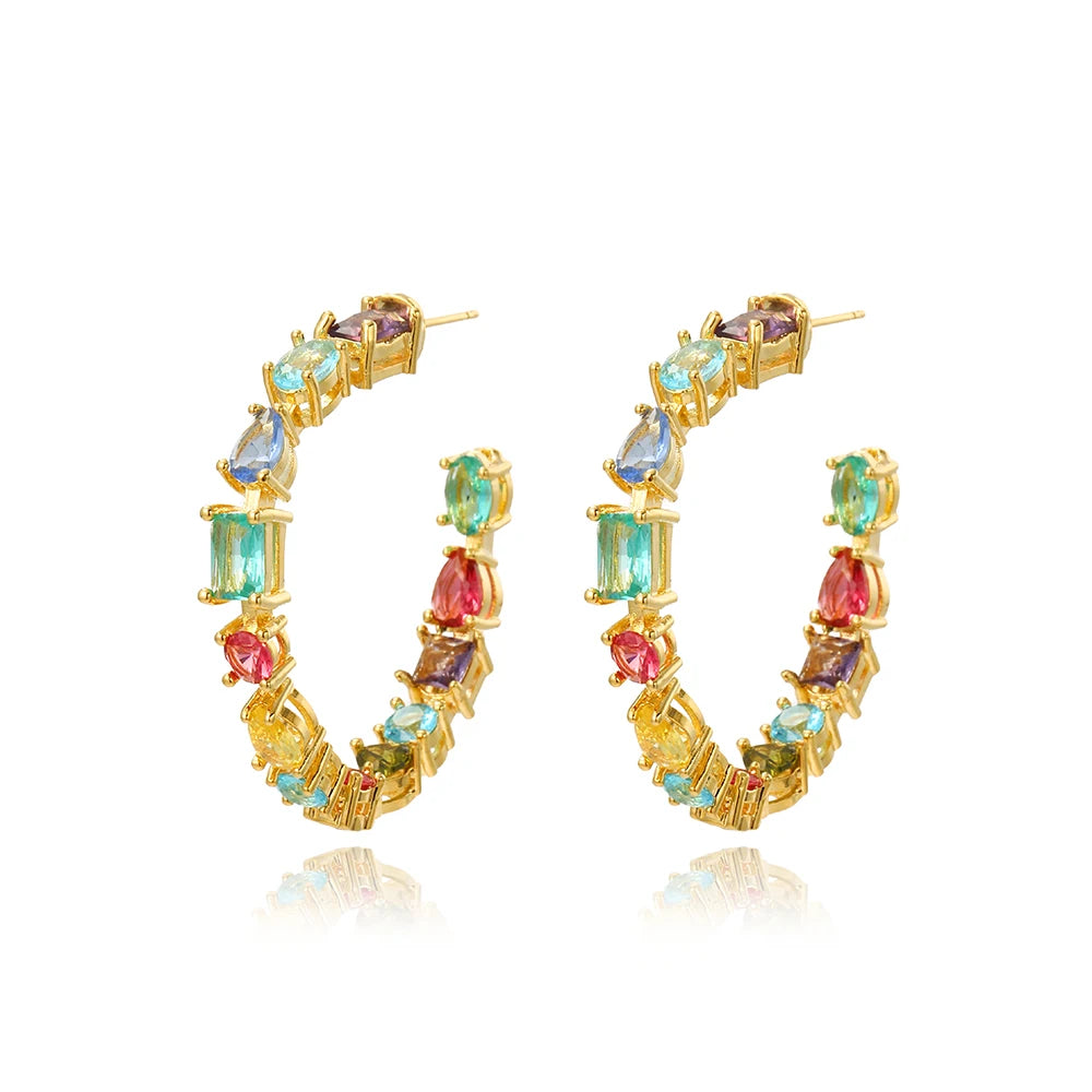 Boucles d'Oreilles Femmes Bohème Zircons Multicolores - Bijou Femme Doré