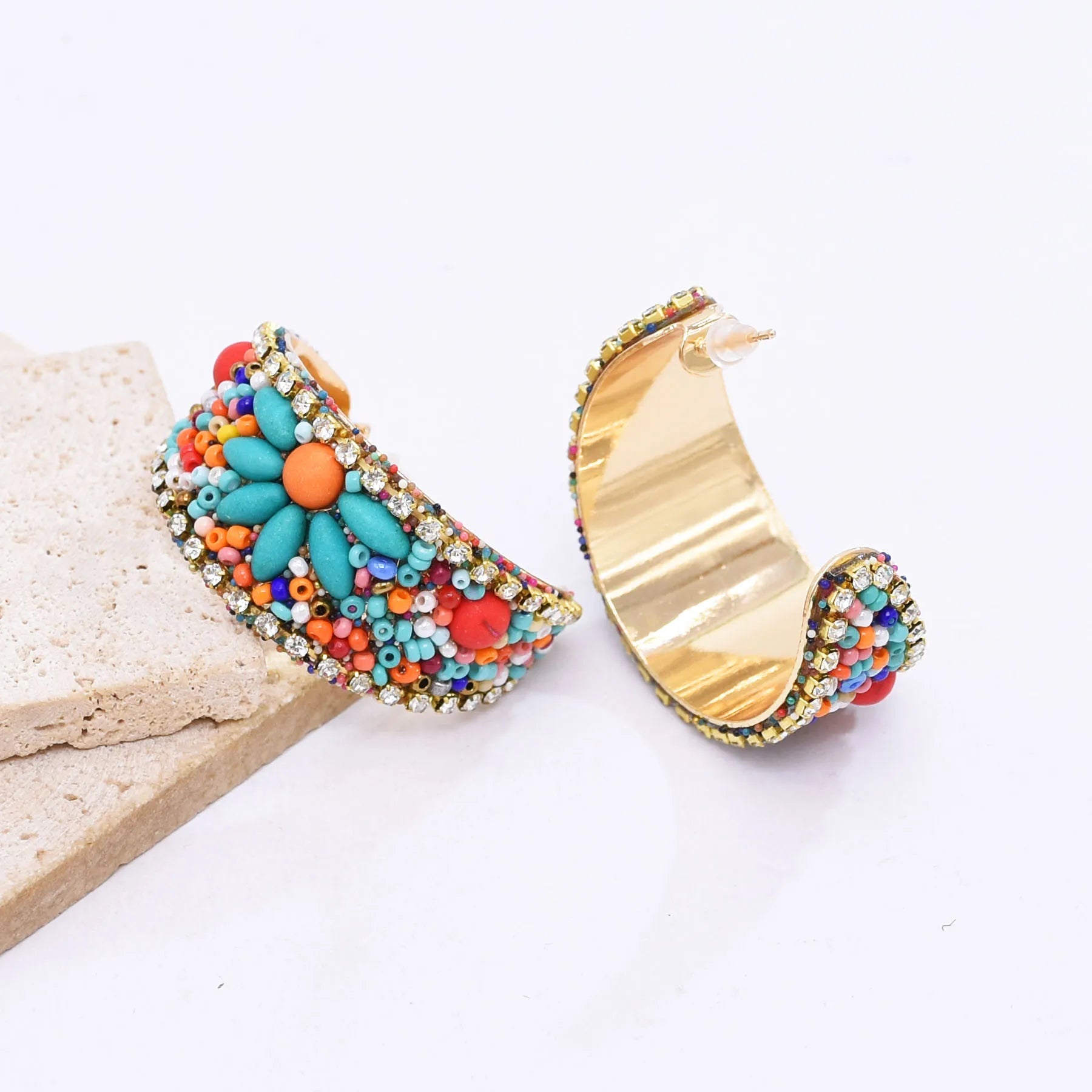 Boucles d'Oreilles Femmes Bohèmes Larges Turquoise - Bijou Femme Ethnique
